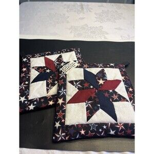 Pair of Amish Made “Spice” Hot Plate Holders Mats Red White Blue Stars Americana